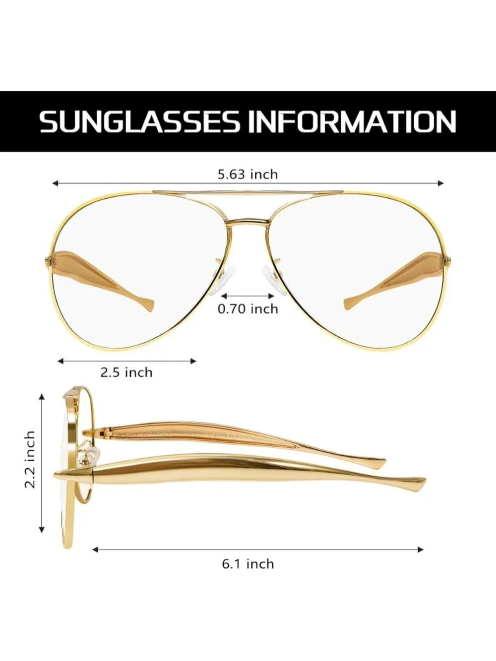 Unisex Gold Frame Clear Lens Aviator Sunglasses Metal Oversized Aviators Sun